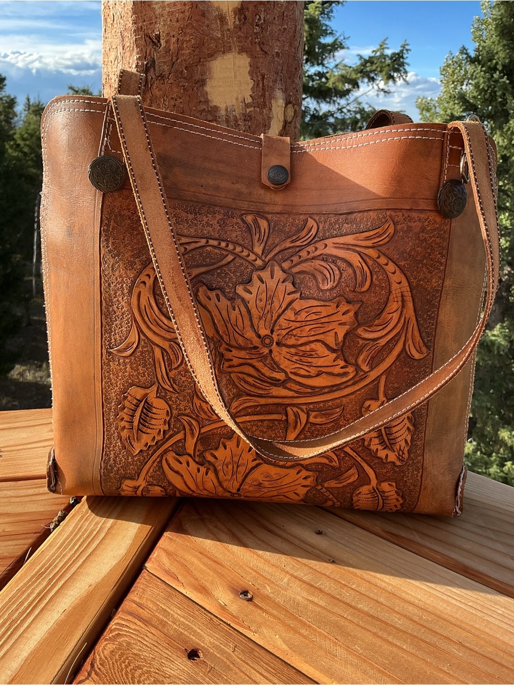 Tooled Leather Floral Tote Bag | Vintage Western Boho Shoulder Bag/ Double Sided - Picture 2 of 13